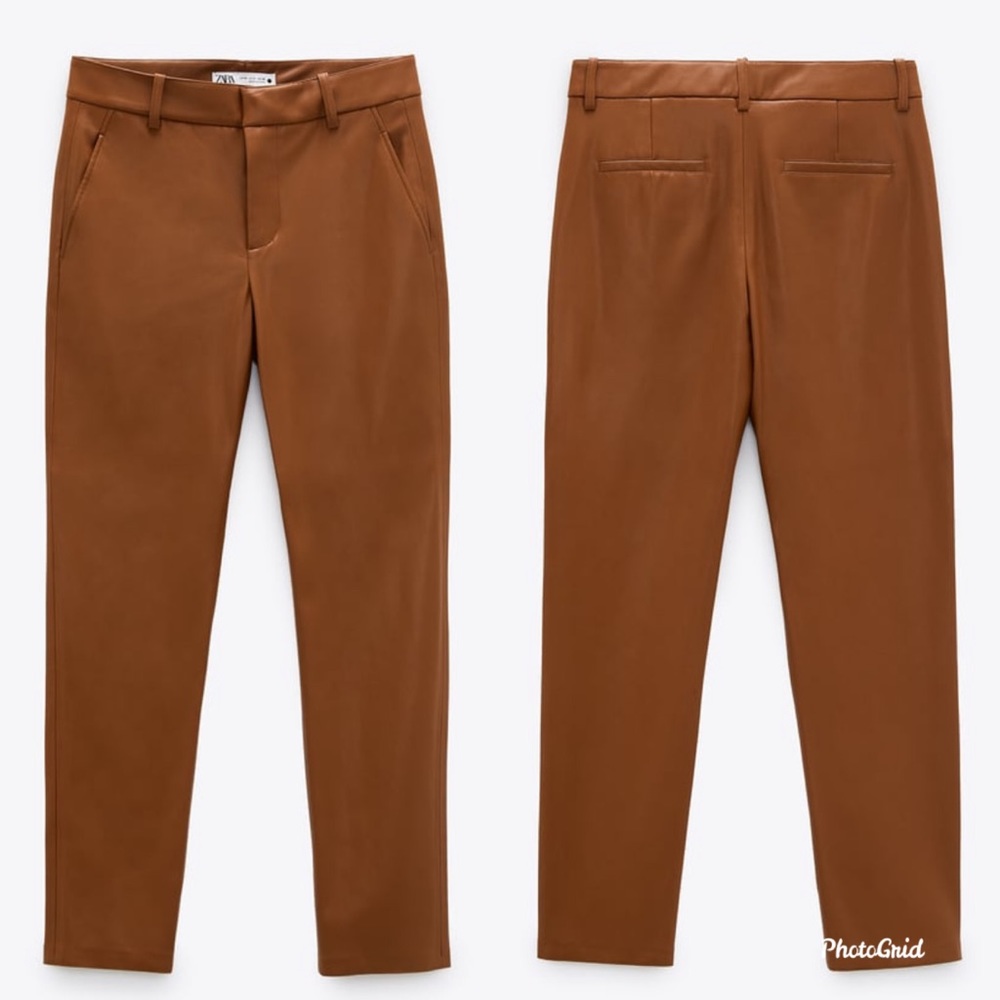 NWT ZARA FAUX LEATHER PANTS CAMEL - Picture 11 of 12